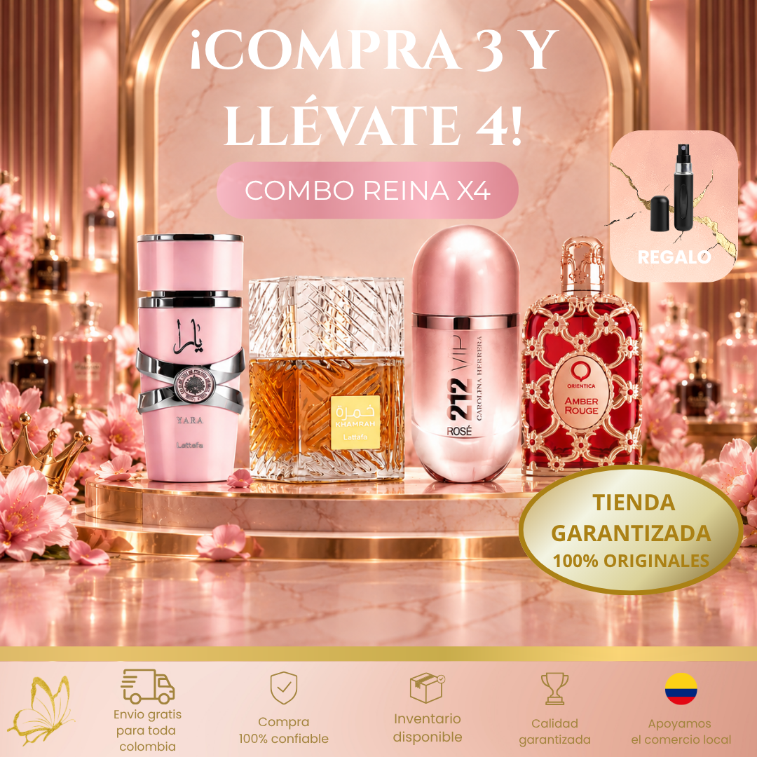 👑 COMBO REINA – 4 PERFUMES + PERFUMERO DE REGALO (Yara • 212 Rosé • Khamrah • Amber Rouge)