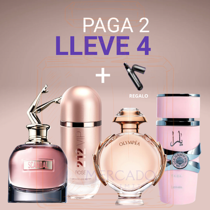 4 Perfumes + Regalo (Yara, Scandal Dama, 212 Rose, Olympea)