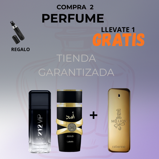 3 Perfumes + Regalo (Asad - 212 Vip Black - One Million)