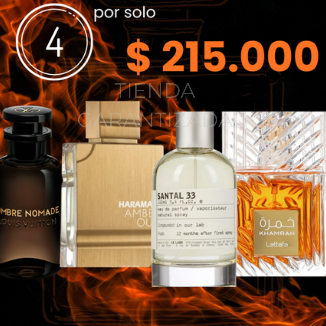 🔥 4 Perfumes + Regalo (Saltal 33, Ombre Nomade, Haramain, Khamrah)